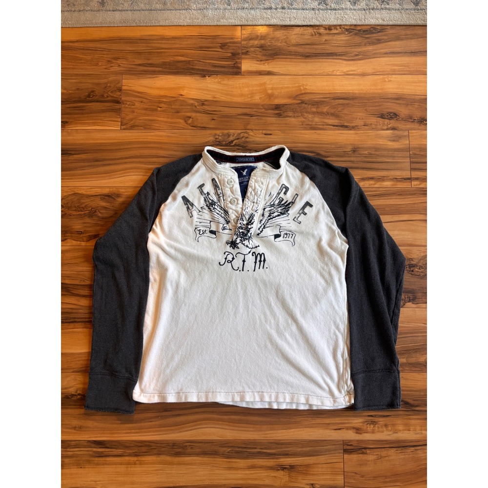 American Eagle Mens Long Sleeve Henley Shirt White Grey Eagle Graphic Size L